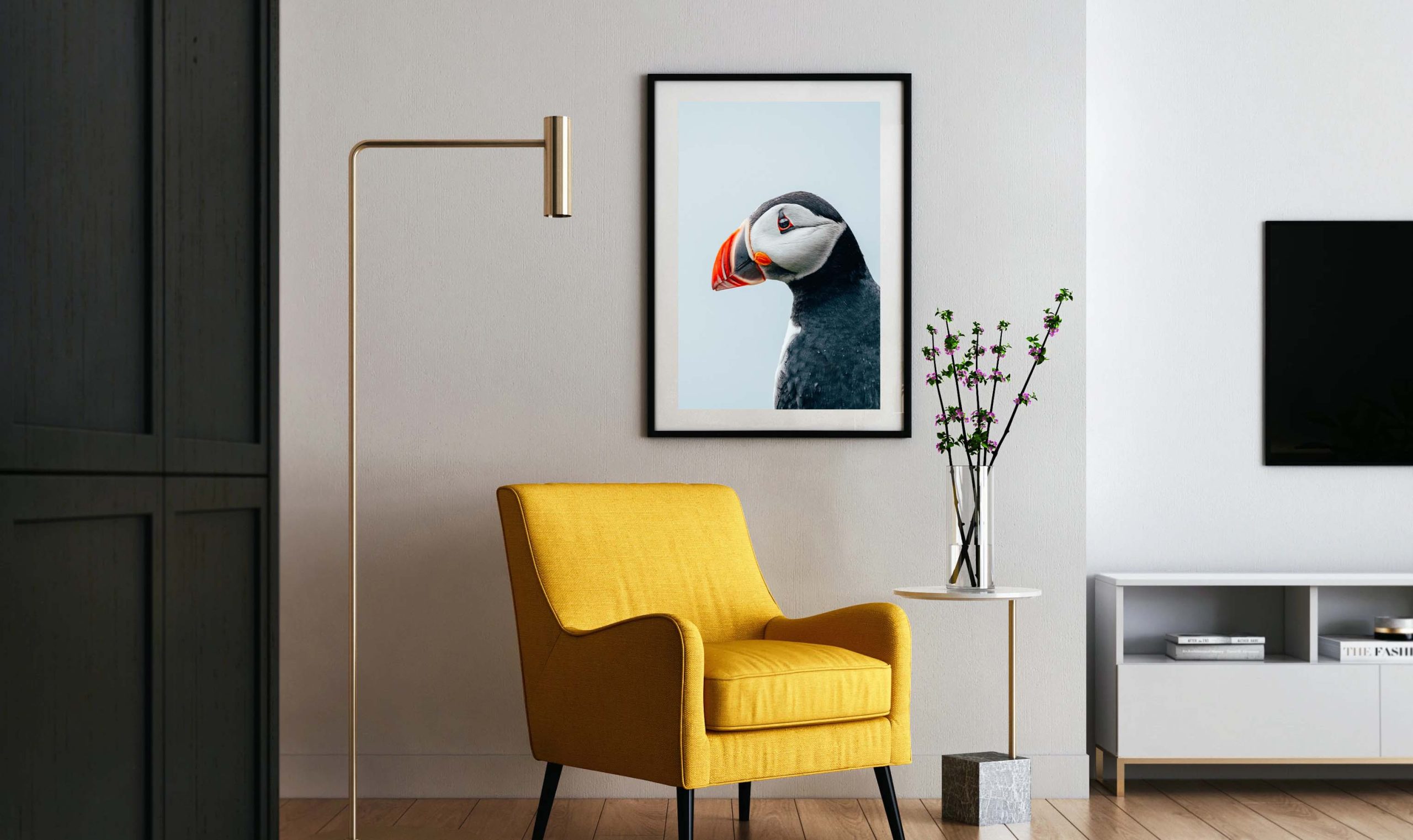 Puffin photo print displayed on a wall