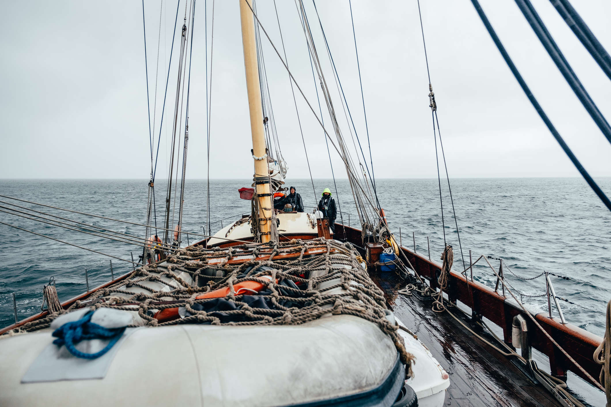 On board a ship in the rain