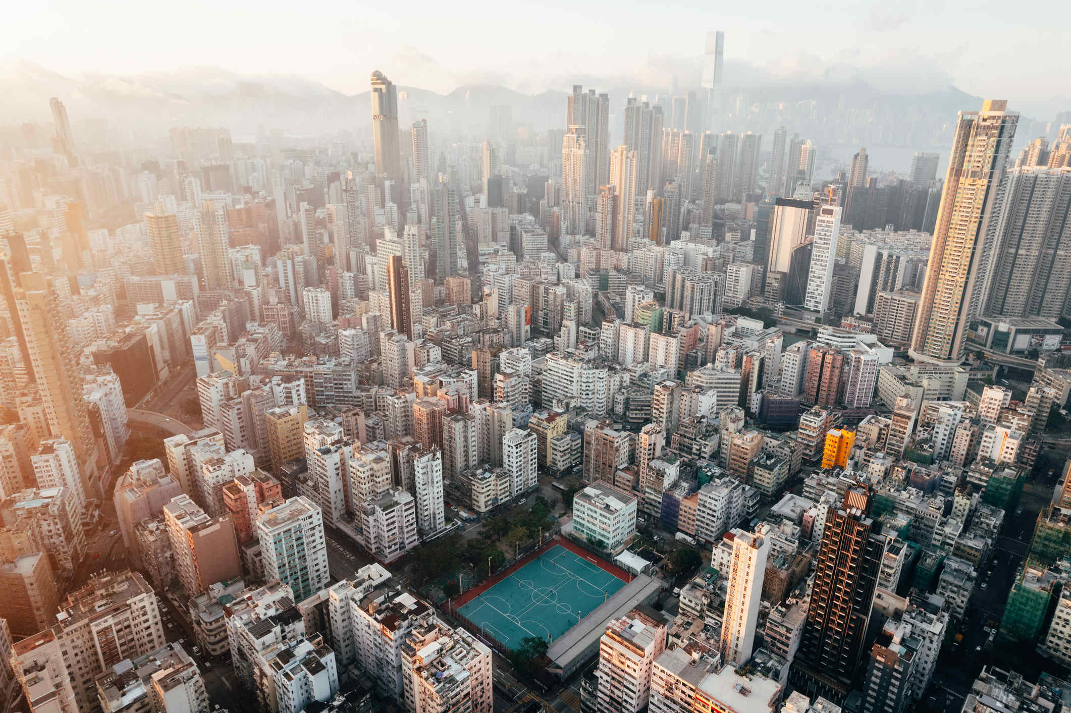 Aerial view over Hong Kong at sunrise