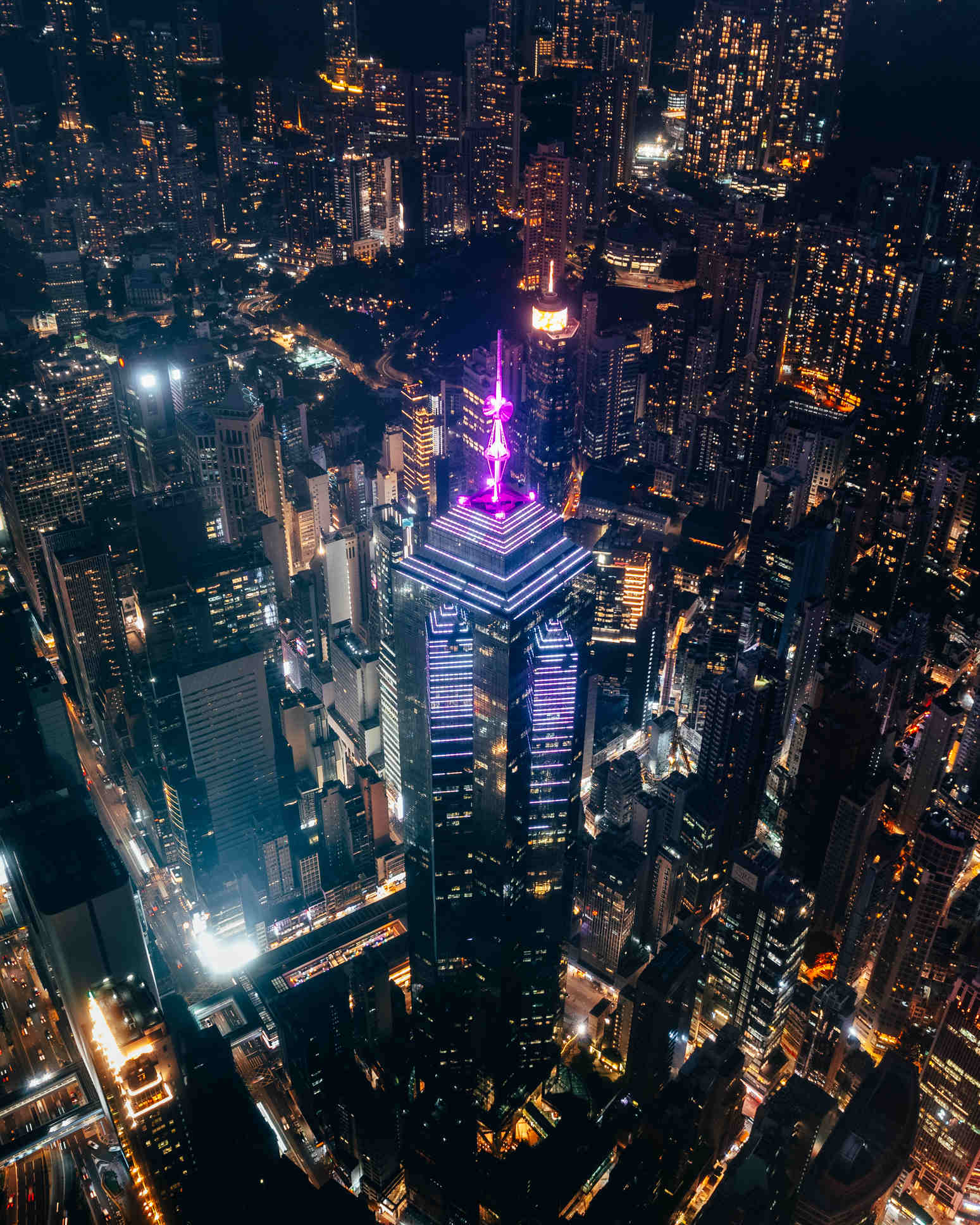 Aerial view of the centre in Hong Kong at night