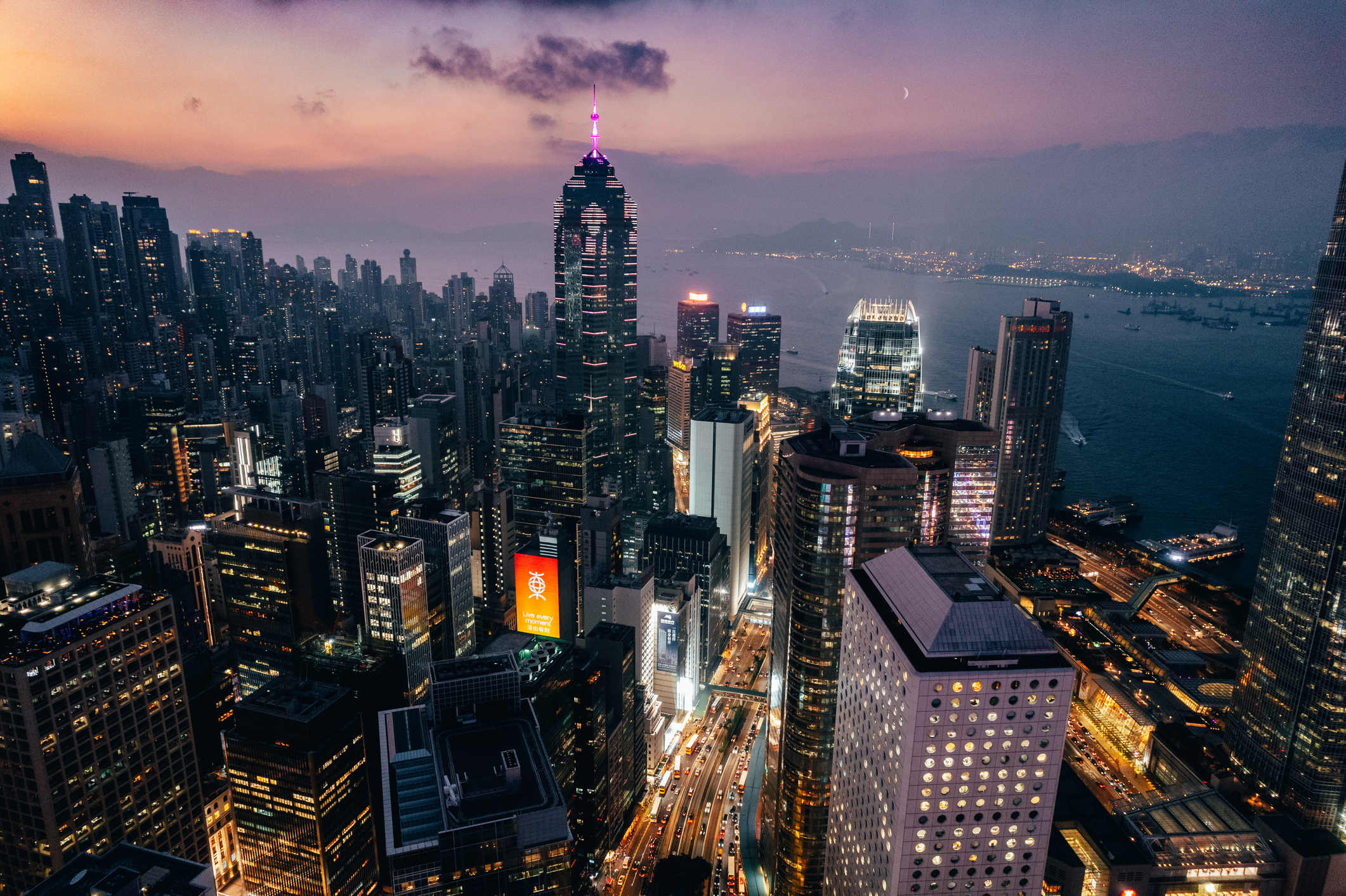 Aerial view over central Hong Kong at night