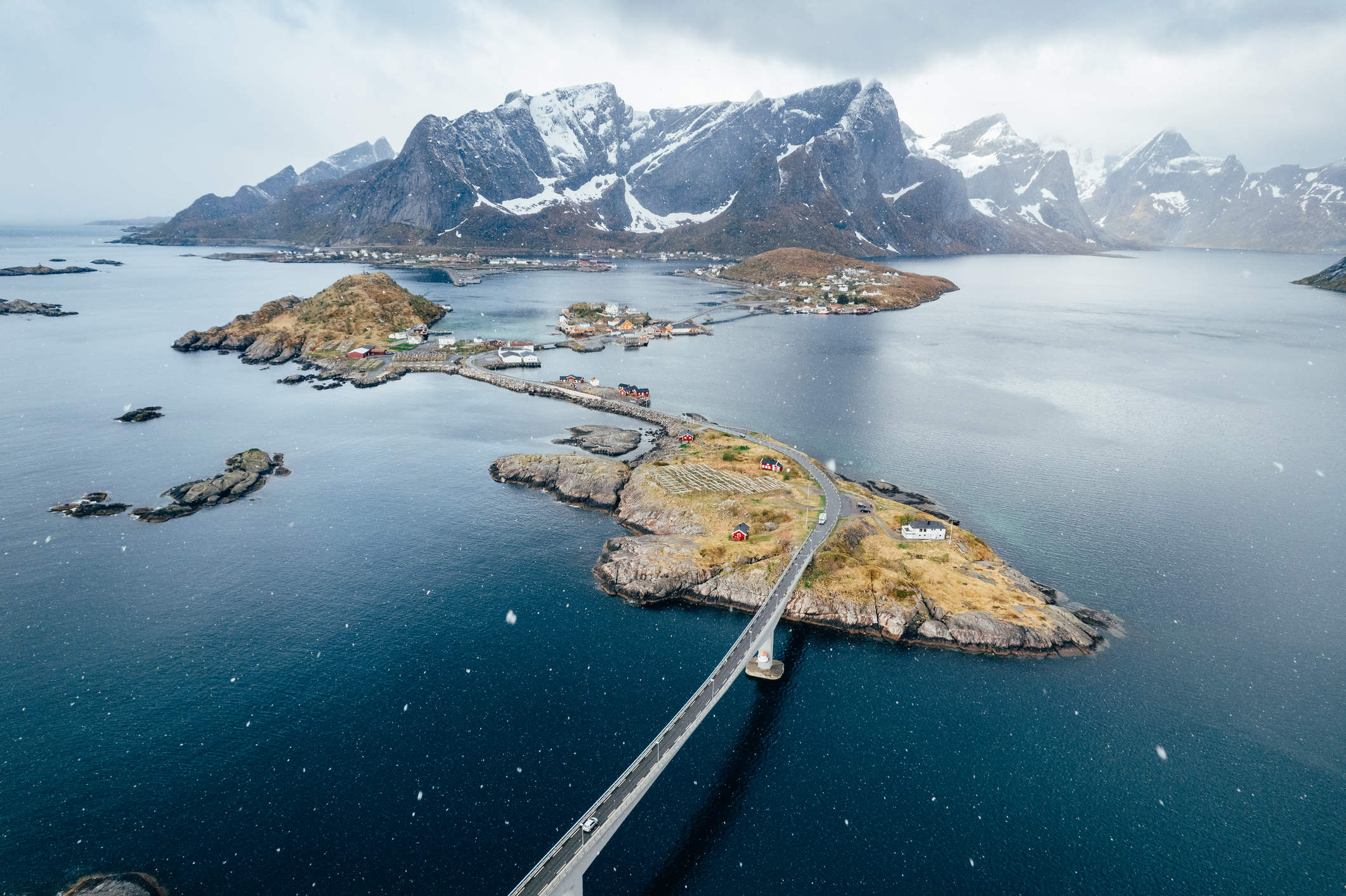 Aerial view of lofoten while its snowing