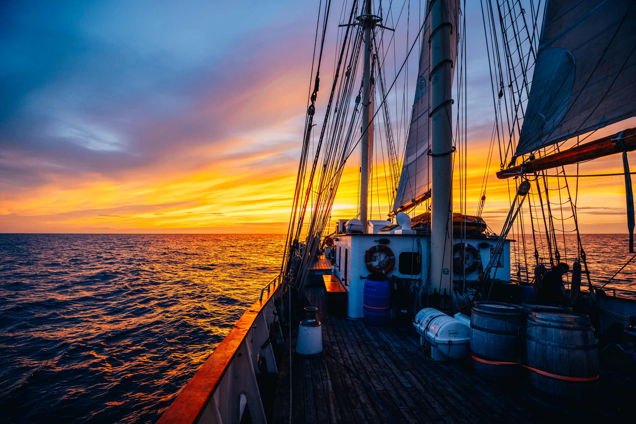 Dramatic sunset on a tall ship