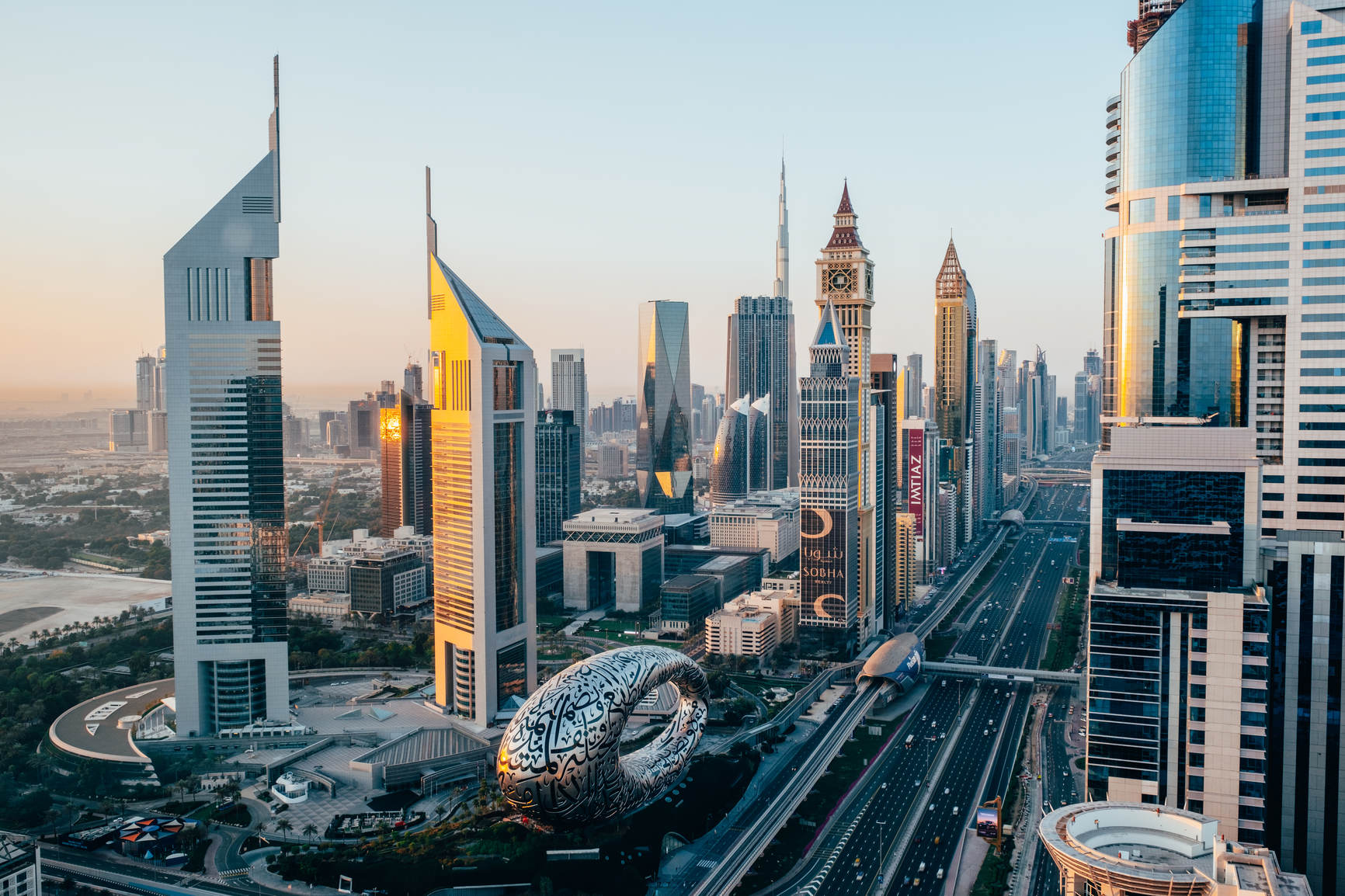 Dubai city skyline at sunrise