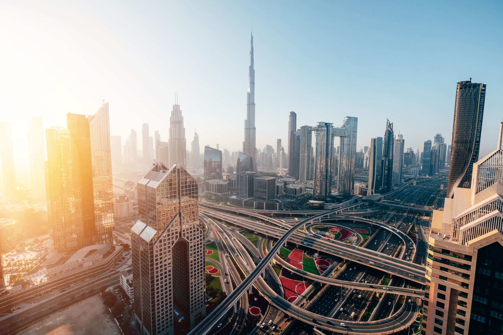 View of Dubai skyline at sunrise